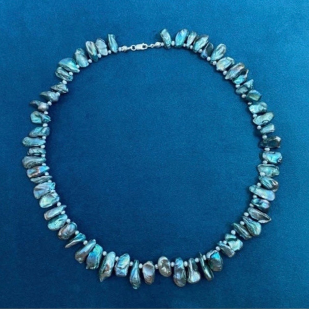 Sterling Blue Biwa Pearl Necklace